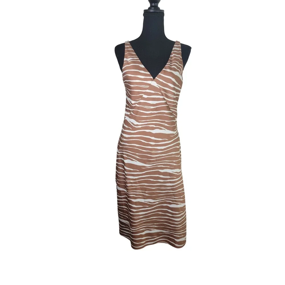 A‎ New Day Zebra Print V-Neck Sleeveless Midi Dress Brown White XS
